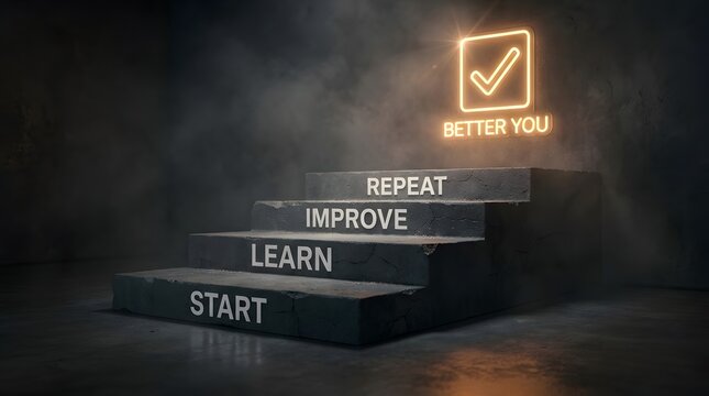 Conceptual Steps to Personal Growth with Start Learn Improve Repeat Text and Better You Neon Sign