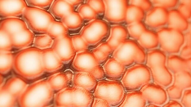 Glowing irregular cell pattern shifts from cool blue white to vivid orange across reflective metallic boundaries, forming a soft luminous close-up texture with layered organic geometry