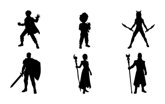 Fantasy Character Silhouettes, Warrior Mage Knight Icons, Heroic Figures Set, Vector Art