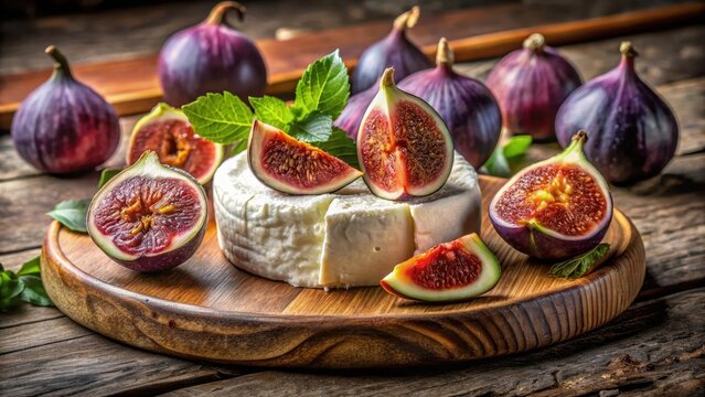 A beautifully styled still life of vibrant fresh figs and creamy goat cheese on a rustic wooden dining table