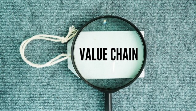 A magnifying glass and a paper tag with the words Value Chain. The full range of activities needed to bring a product from conception to end use.