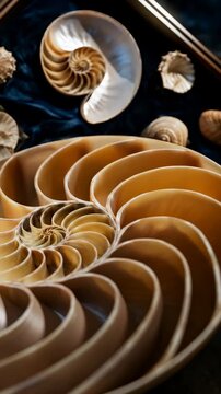 Cut nautilus shell reveals repeating spiral chambers as camera slowly shifts over warm brown and cream shells arranged on dark fabric, emphasizing organic geometry, texture, and layered depth