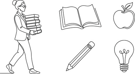 Fototapeta premium Continuous one line drawing of walking teacher carrying books with education icons isolated on white background vector