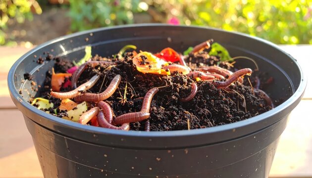 Earthworms composting organic waste in black plastic bucket.