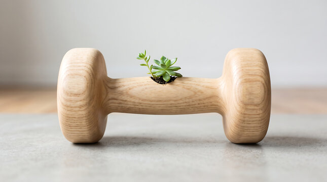 Wooden dumbbell with small succulent plant growing in its center, symbolizing healthy lifestyle and natural growth, on neutral surface.