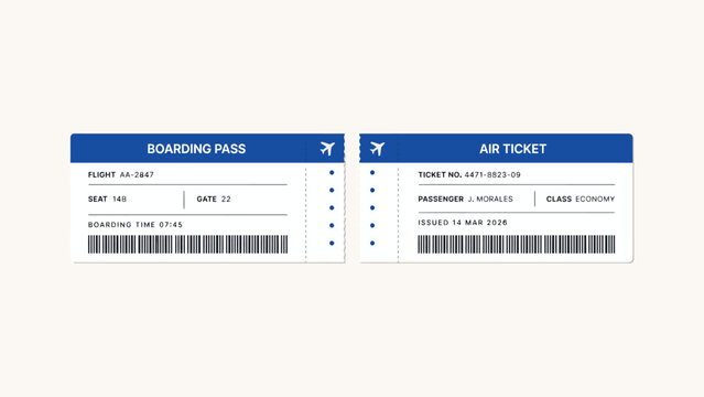 A pair of airline tickets and boarding passes are displayed as a flat vector illustration pass ticket travel transportation