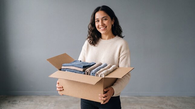 Young Hispanic Woman Donating Box of Used Clothes