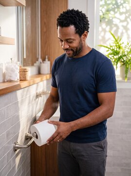 Mature African-American man replacing toilet paper roll