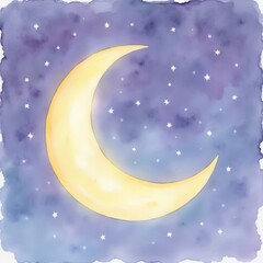 Naklejka premium Celestial watercolor painting of a luminous crescent moon with sparkling stars in night sky