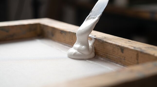 Thick white plastisol ink being dolloped on a wooden printing frame  