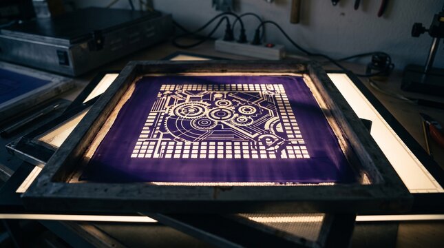 Mesh screen with printed design illuminated on a light table  