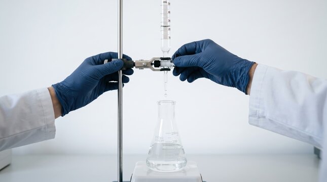 Scientist hands in blue gloves adjusting burette for precise chemical titration experiment, liquid dripping into glass flask in modern laboratory research setting