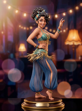 stylized collectible figurine of a belly dancer, displayed on a polished wooden base.