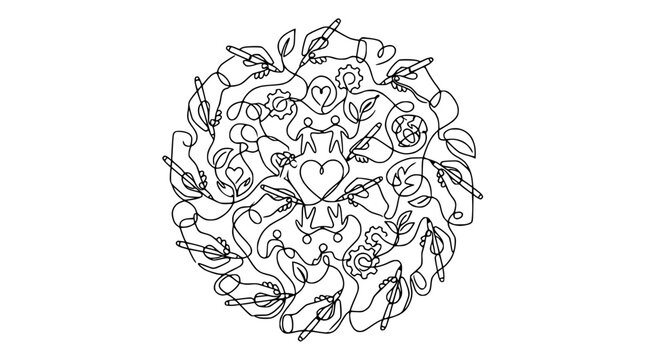 Creative Mandala Art: Hands Drawing, Hearts, Leaves, Flowers, Isolated