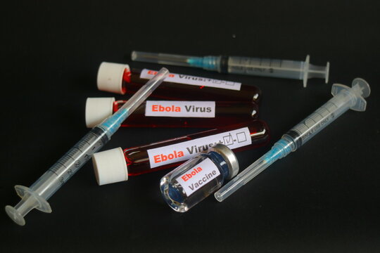 Ebola Virus Vaccine Vial, Blood Test Tubes, and Syringes on Dark Background