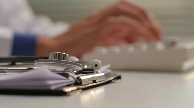 Stethoscope on patient medical clipboard with blurred doctor typing on computer keyboard in clinic office