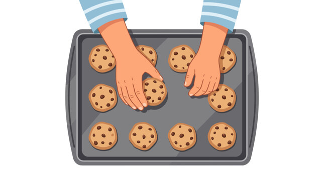 Hands arranging freshly baked chocolate chip cookies on a baking sheet