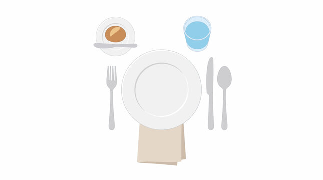 Table setting with plate cutlery napkin bread roll and glass of water