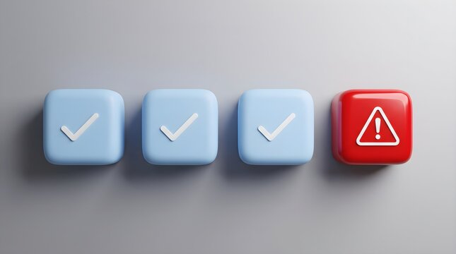 Three blue checkmark boxes next to a red warning sign.