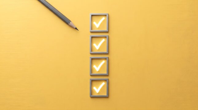 Pencil near a checklist with four glowing checkmarks.