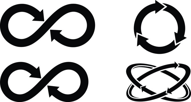 Infinity loop and circular rotation arrow icon set representing endless process continuity and sustainability concepts