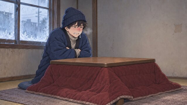 極寒の古いアパートでこたつに入る寒そうな男子学生