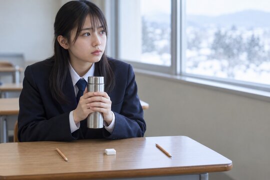 受験日の朝に保温ボトルで冷えた指を温める高校生