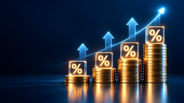 Columns of stacked gold coins with glowing percentage blocks and upward moving blue arrows. Concept of financial growth and compound investment returns.