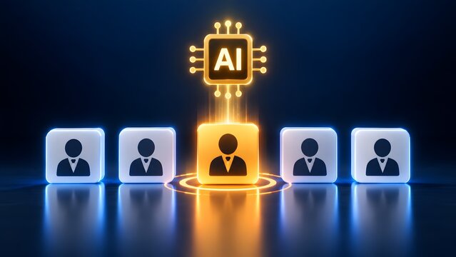 Artificial intelligence microchip glowing above a selected golden candidate icon among white figures. Concept of automated talent acquisition and smart recruitment.