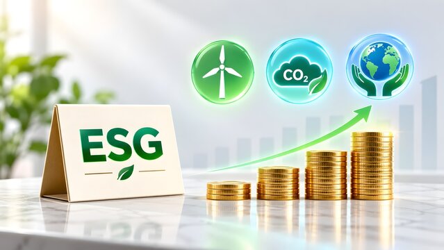 Esg corporate signage with stacked gold coins and floating ecological icons. Concept of sustainable wealth management portfolio and paradigm shift transition.