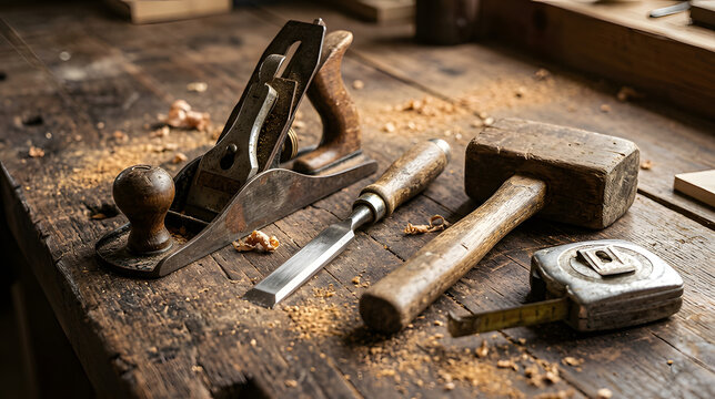 Close‑up shot of well‑used classic carpentry tools arranged on a rough wooden workbench, with wood shavings scattered around.