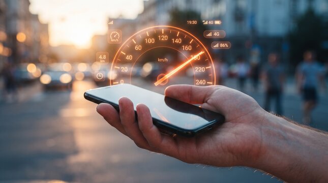 Speedometer Overlay on Smartphone: A hand holding a smartphone displays a glowing orange speedometer overlay, symbolizing speed, performance, and connectivity in a bustling urban environment.