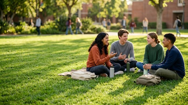 Diverse group of college students sitting on the grass talking and relaxing on campus.