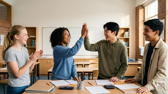 Diverse group of happy students giving a high five in a classroom setting.
