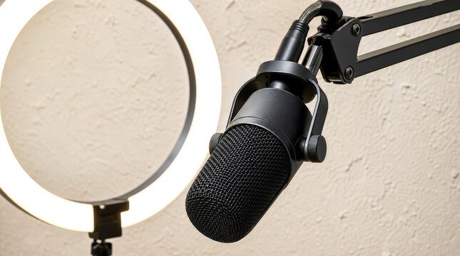 Podcast microphone on boom arm with ring light close up