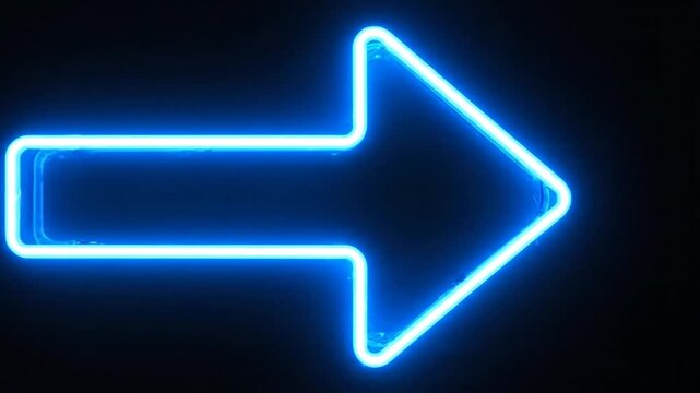 Glowing blue neon arrow sign pointing right on dark black background