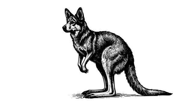 Fantasy hybrid creature with wolf head and kangaroo body, hand drawn engraving style illustration