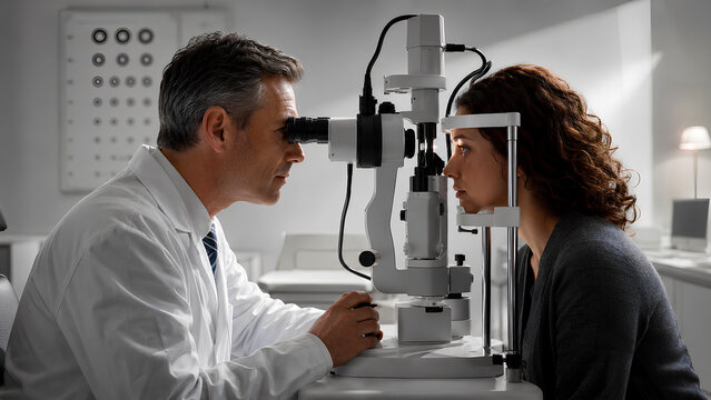 Professional male optometrist examining a female patient's eyesight using a slit lamp microscope during a routine vision checkup in a modern medical clinic