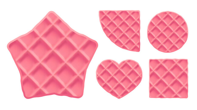 Waffle pink star biscuit for belgian dessert, tasty wafer texture icon. Square strawberry stroopwafel and star relief baked food, lattice pattern. Isolated cute cookie heart, sweet syrup pancake 3d