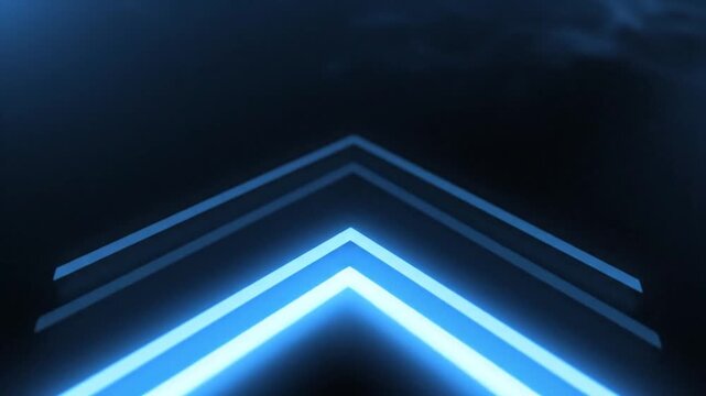 Glowing blue neon chevron lines receding on a dark abstract background
