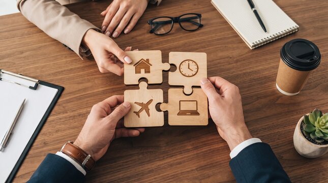 Putting the Pieces Together: Two hands connect puzzle pieces with icons of a house, clock, airplane, and laptop, symbolizing a comprehensive life plan or business strategy.