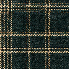 Fototapeta premium Seamless pattern close up displaying a detailed view of dark green wool textile, featuring a beige and golden interwoven plaid pattern