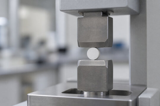 White tablet held in the jaws of a tablet hardness tester