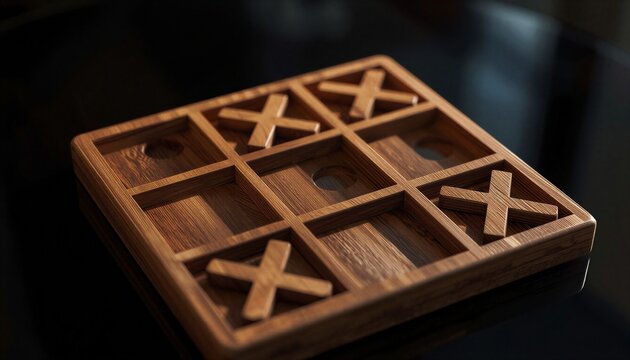 High angle view of wooden tic tac toe game with winning row on dark desk