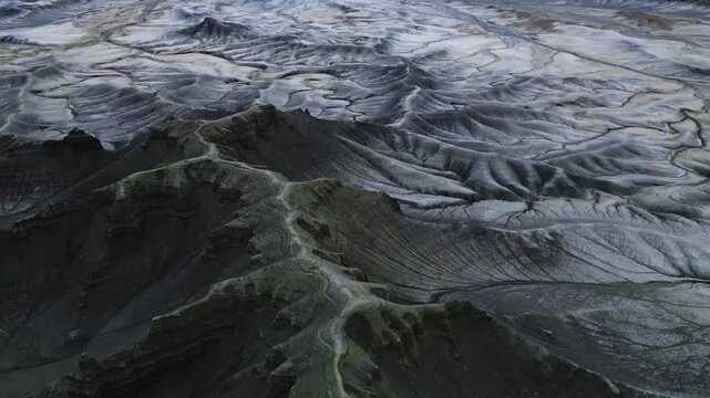 Aerial footage of moonspace overlook texture in Utah, geological formation 
