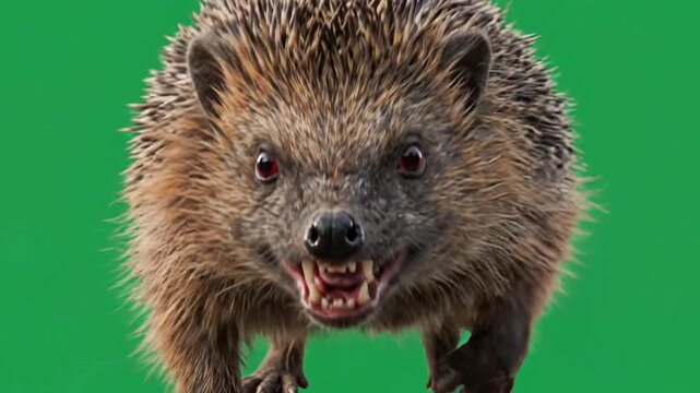 Realistic hedgehog with sharp teeth in aggressive defensive posture against green studio backdrop