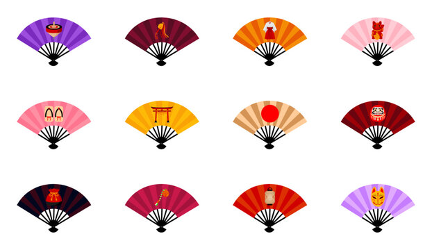 Traditional Japanese folding hand fan icons set with cultural symbols vector illustration isolated on white background