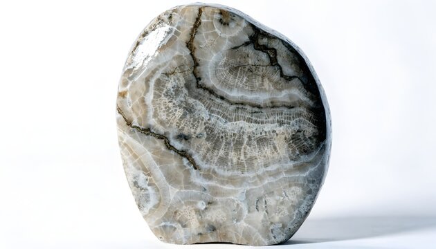 Polished agate stone displays intricate grey patterns against a white backdrop.