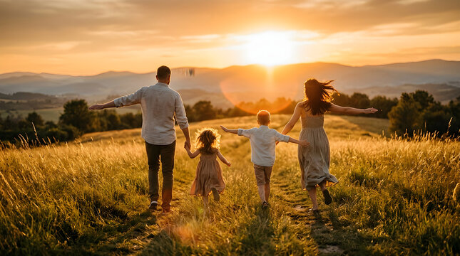 Happy Family Running Towards Sunset in a Beautiful Grassy Meadow Field