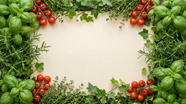 Empty paper card framed with fresh herbs and cherry tomatoes